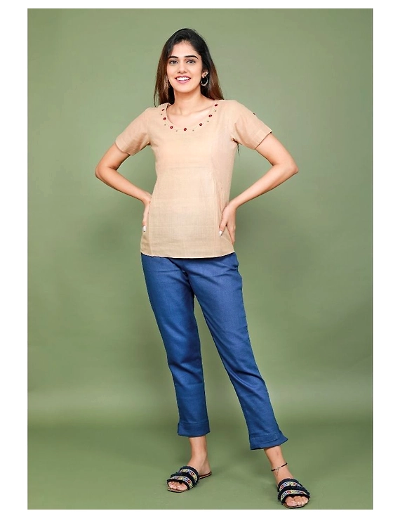 Beige cotton short top with round neck-LB150A-L-1