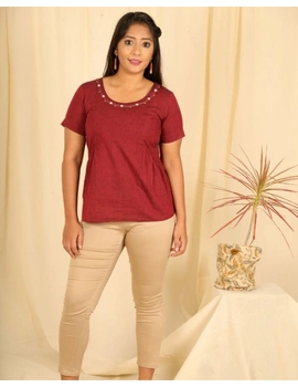Short sleeves cotton short top with round neck-LB150-XXL-Maroon-1-sm
