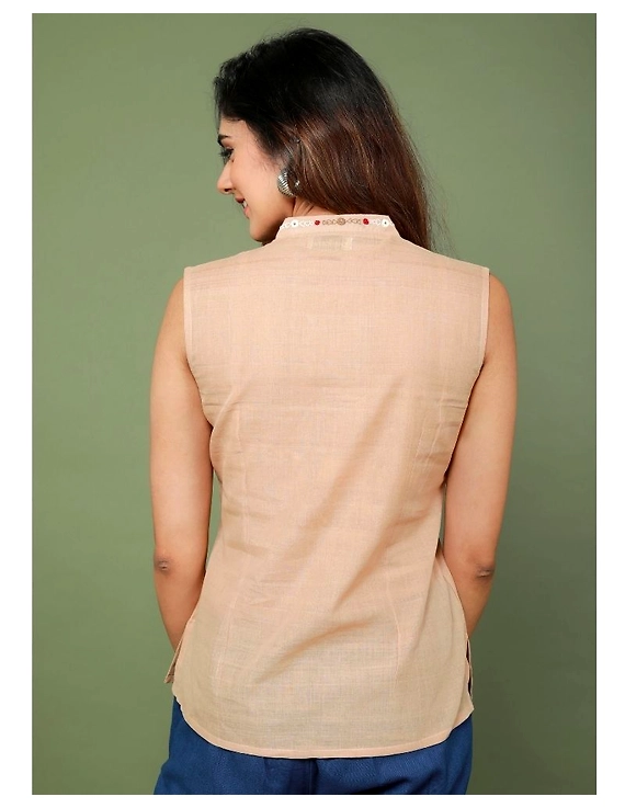 Sleeveless cotton short top with embroidered V neck-LB160-S-Beige-2