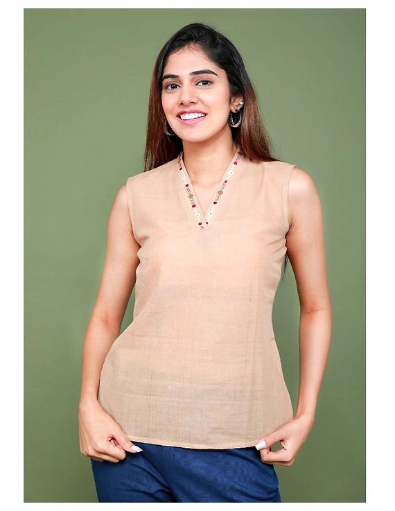 Sleeveless cotton short top with embroidered V neck-LB160-LB160Al-XS