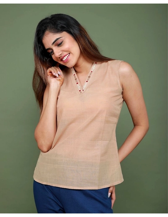 Sleeveless cotton short top with embroidered V neck-LB160-Beige-XS-1