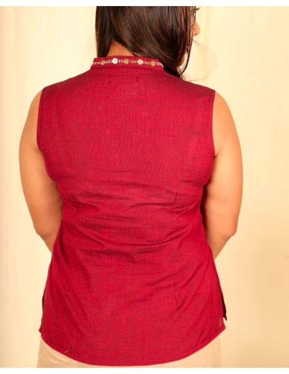 Sleeveless cotton short top with embroidered V neck-LB160-XS-Maroon-1