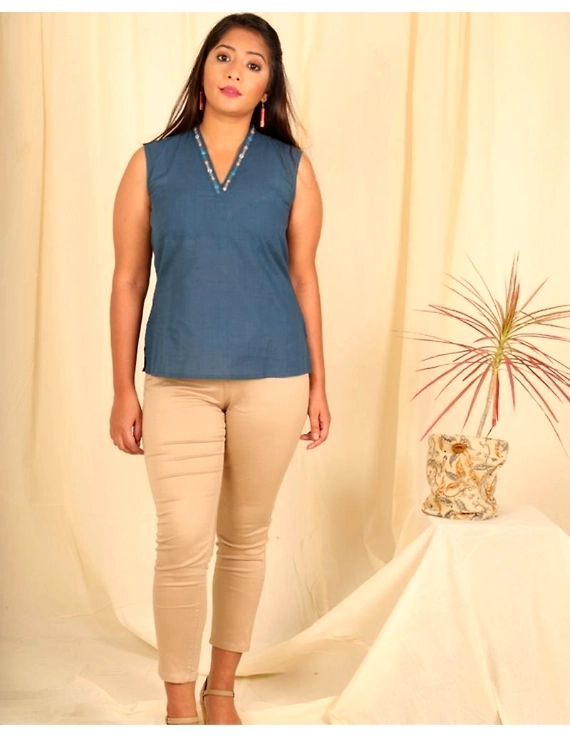 Sleeveless cotton short top with embroidered V neck-LB160-Blue-XL-2