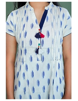 Casual dress with pintucks and tassels : LD340-XS-White-5-sm