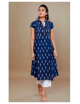 Casual dress with pintucks and tassels : LD340-Blue-L-1-sm