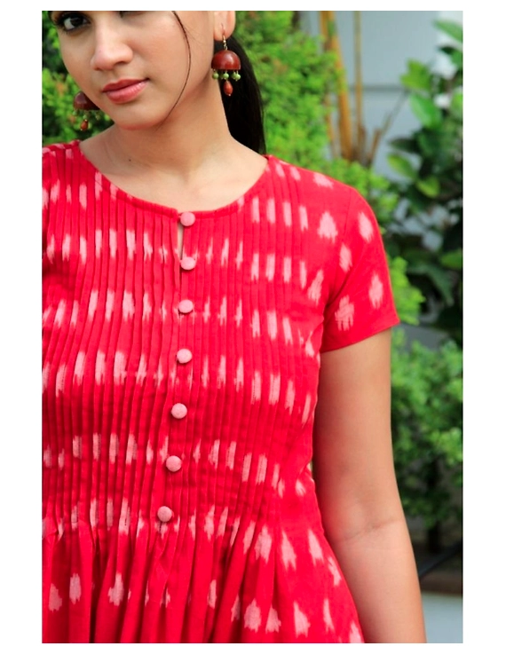 Ikat calf length dress with pintucks and pockets: LD520-Red-L-1