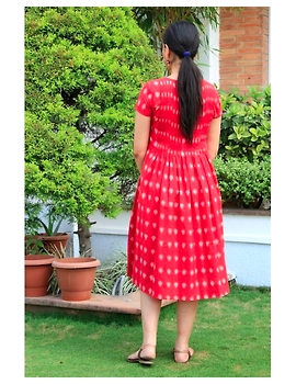 Ikat calf length dress with pintucks and pockets: LD520-Red-L-4-sm