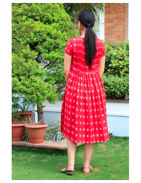 Ikat calf length dress with pintucks and pockets: LD520-Red-L-4