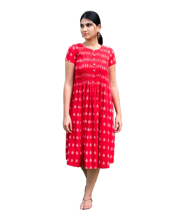 Ikat calf length dress with pintucks and pockets: LD520-Red-XXL-2