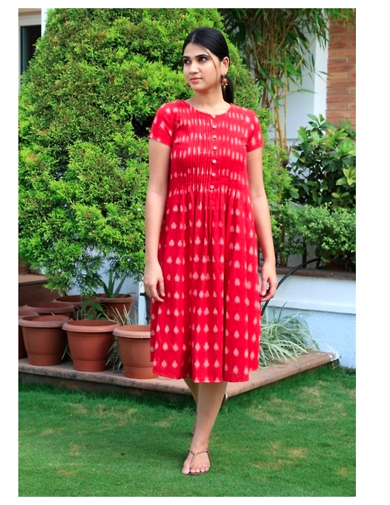 Ikat calf length dress with pintucks and pockets: LD520-Red-XXL-3