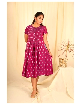 PURPLE IKAT CALF LENGTH DRESS WITH PINTUCK YOKE- LD520B-LD520B-M-sm