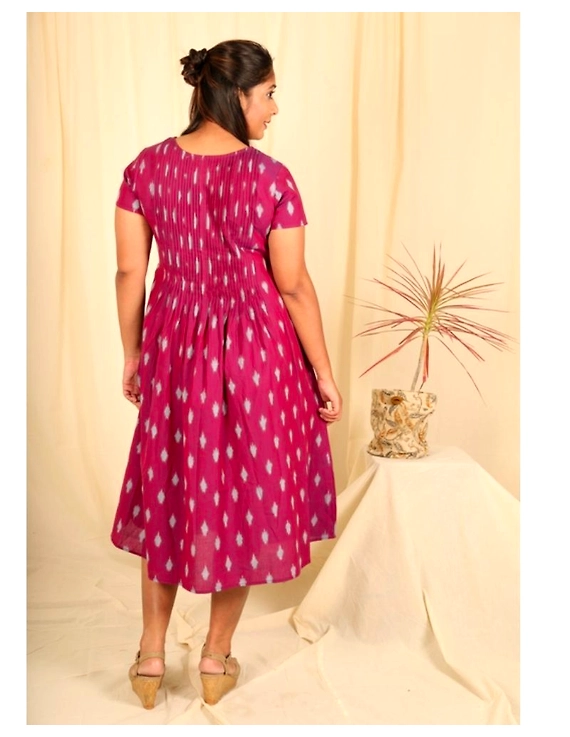 Ikat calf length dress with pintucks and pockets: LD520-Purple-M-1