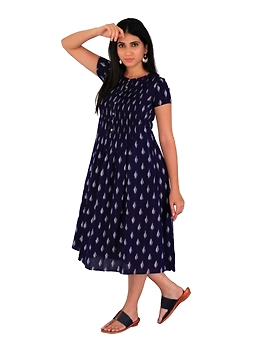 Ikat calf length dress with pintucks and pockets: LD520-Blue-M-4-sm