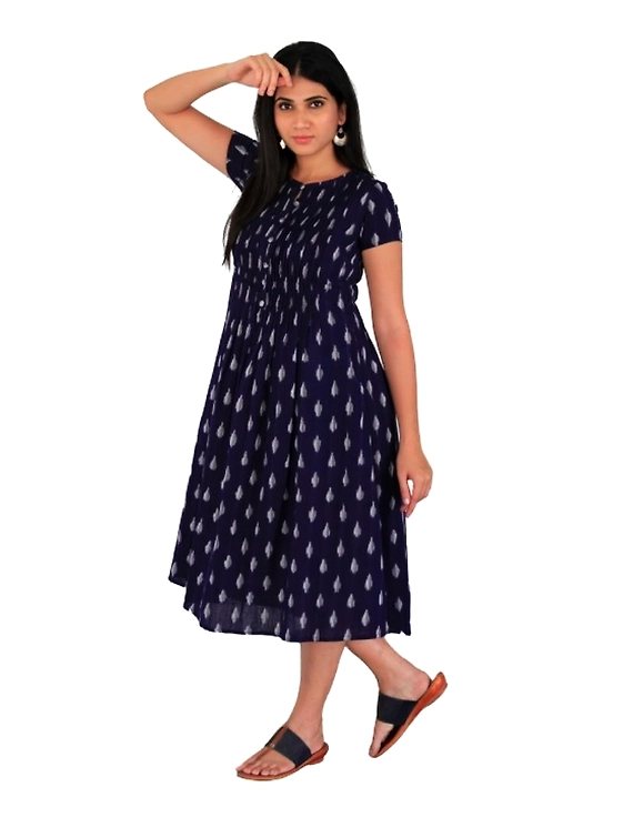 Ikat calf length dress with pintucks and pockets: LD520-Blue-M-4