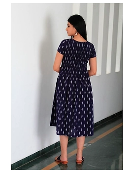 Ikat calf length dress with pintucks and pockets: LD520-Blue-S-5-sm