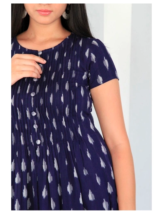 Ikat calf length dress with pintucks and pockets: LD520-Blue-XL-2