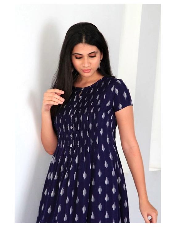 Ikat calf length dress with pintucks and pockets: LD520-Blue-XXL-3