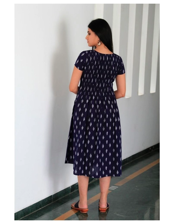 Ikat calf length dress with pintucks and pockets: LD520-Blue-XXL-5