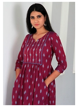 Ikat dress with embroidered yoke and front pockets: LD530-S-Purple-2-sm
