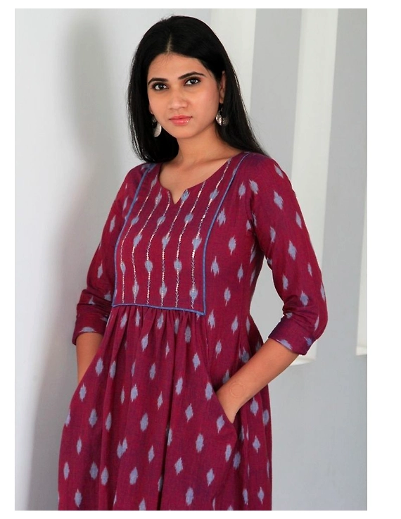 Ikat dress with embroidered yoke and front pockets: LD530-S-Purple-2