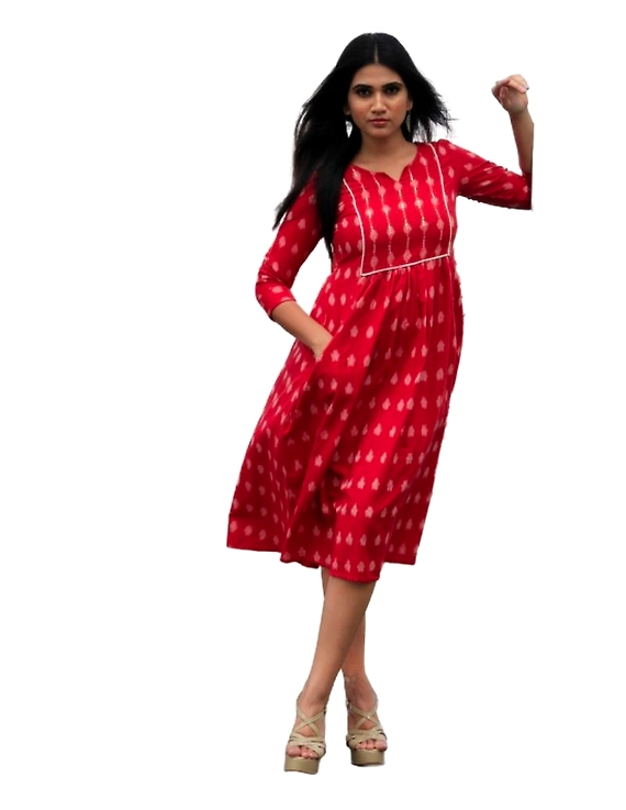 Ikat dress with embroidered yoke and front pockets: LD530-Red-L-2