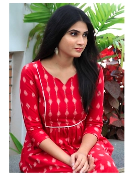 Ikat dress with embroidered yoke and front pockets: LD530-Red-M-5-sm