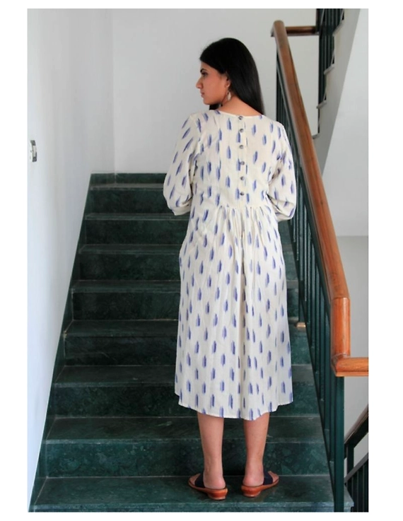 Ikat dress with embroidered yoke and front pockets: LD530-White-L-3