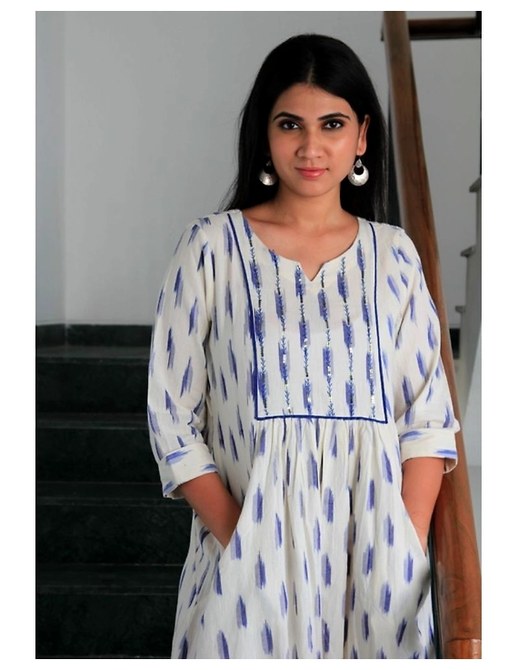 Ikat dress with embroidered yoke and front pockets: LD530-White-S-1