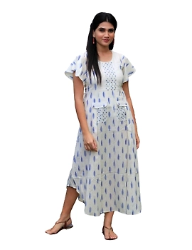 Ikat dress with embroidered yoke and front pockets: LD530-White-S-5-sm