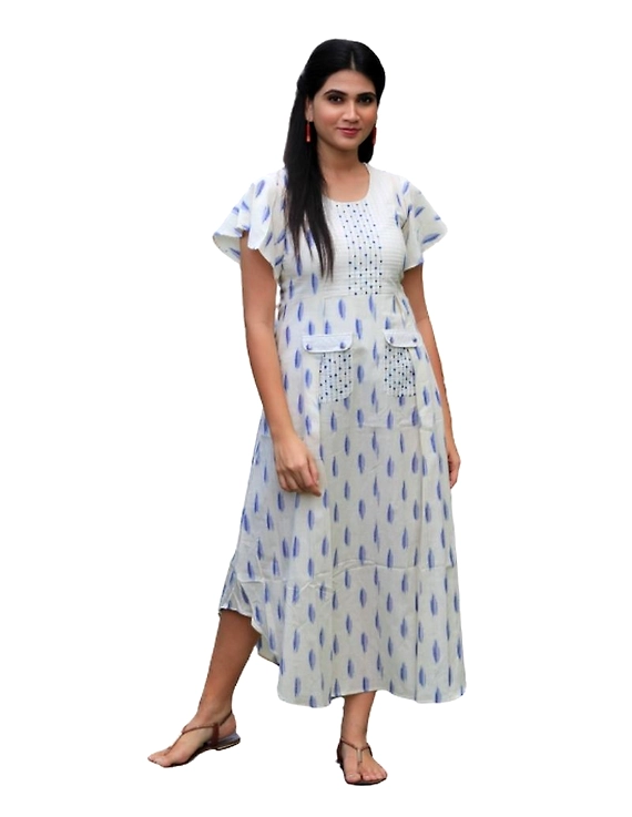Ikat dress with embroidered yoke and front pockets: LD530-White-S-5