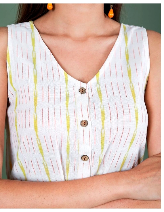 Sleeveless ikat dress with embroidered belt : LD640-White-L-3