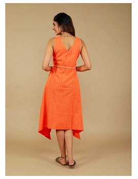 Sleeveless ikat dress with embroidered belt : LD640-Orange-M-3-sm