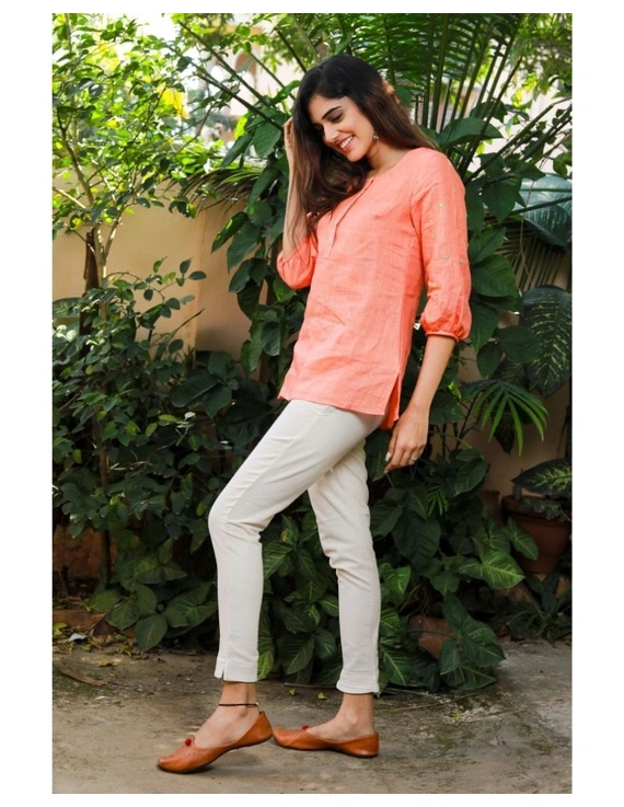 Pure linen tunic with hand embroidery : LT130-Peach-L-4