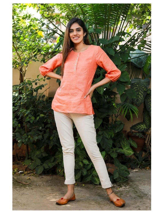 Pure linen tunic with hand embroidery : LT130-Peach-M-2