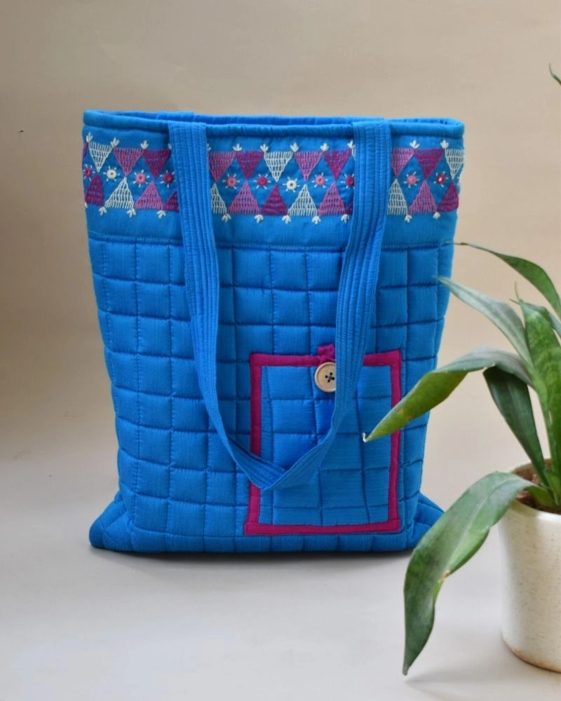 BLUE SILK QUILTED TOTE CUM LAPTOP BAG WITH HAND EMBROIDERY: TBA01-TBA01B