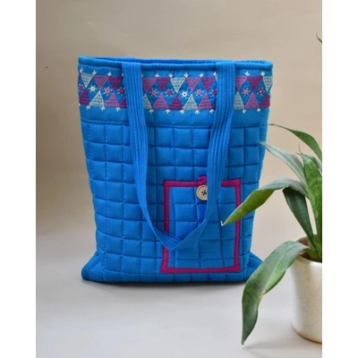 BLUE SILK QUILTED TOTE CUM LAPTOP BAG WITH HAND EMBROIDERY: TBA01