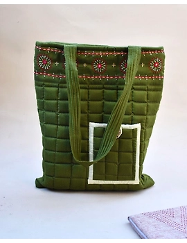 MUSTARD GREEN SILK QUILTED TOTE CUM LAPTOP BAG WITH HAND EMBROIDERY: TBA02-4-sm