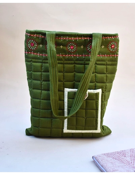 MUSTARD GREEN SILK QUILTED TOTE CUM LAPTOP BAG WITH HAND EMBROIDERY: TBA02-4