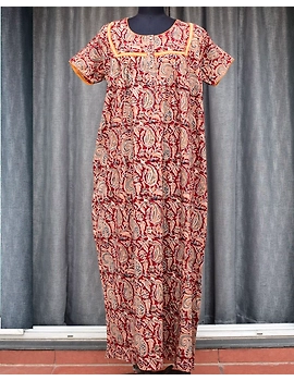 Red Handcrafted Nighties In Soft Kalamkari Cotton : NW110A-NW110A-SorM-sm