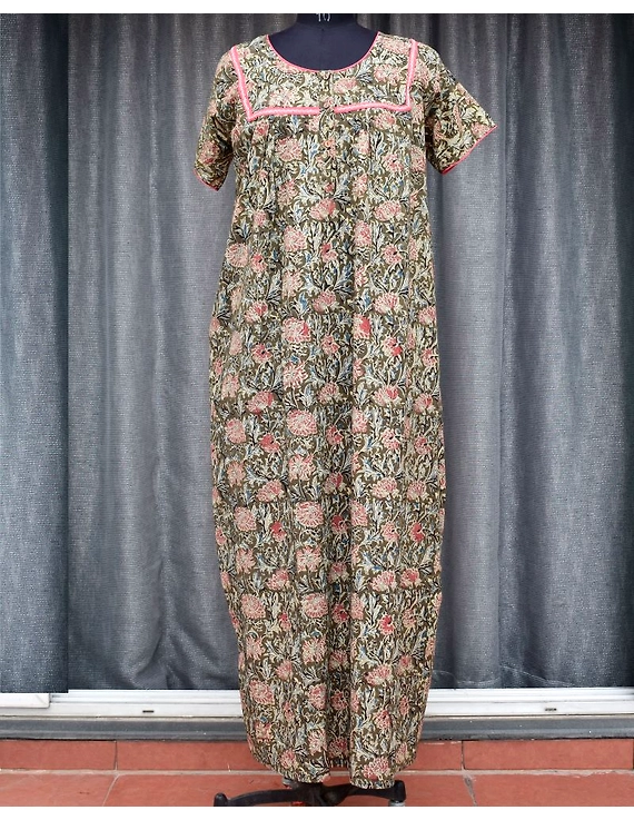 Green Handcrafted Nighties In Soft Kalamkari Cotton : NW110B-NW110B-SorM