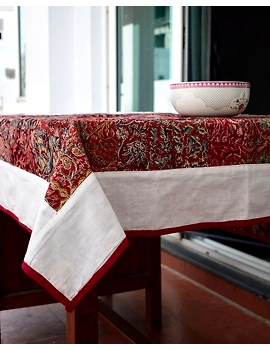 Square reversible patchwork table cloth in ochre and white: TBCS01D-2-sm
