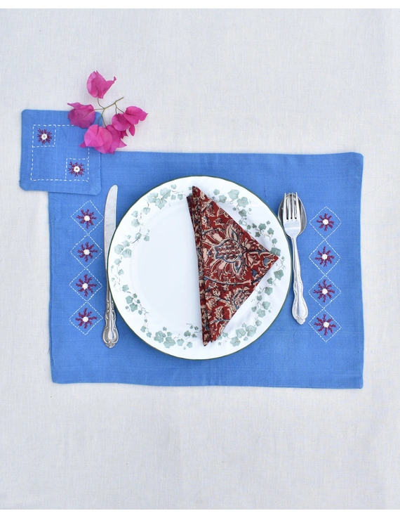 Blue cotton embroidered table mat set with coasters and kalamkari napkins : HTS07A-Four-1