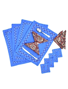 Blue cotton embroidered table mat set with coasters and kalamkari napkins : HTM08-Four-1-sm