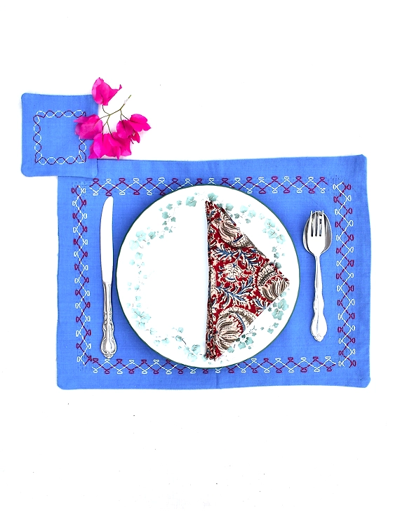 Blue cotton embroidered table mat set with coasters and kalamkari napkins : HTM08-Four-2