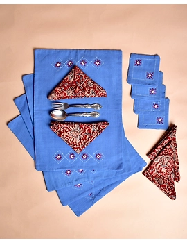Blue cotton embroidered table mat set with coasters and kalamkari napkins : HTS07B-HTS07B04-sm
