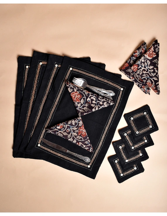 Black cotton embroidered table mat set with coasters and kalamkari napkins : HTS07F-Four-1