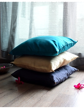 Blue Silk cushion cover with gold bead tassels : HCC40-1-sm