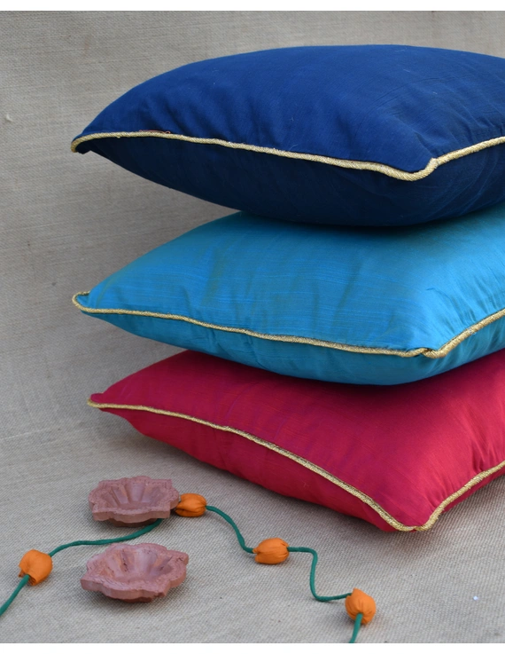 Blue Silk cushion cover with golden border : HCC42-1