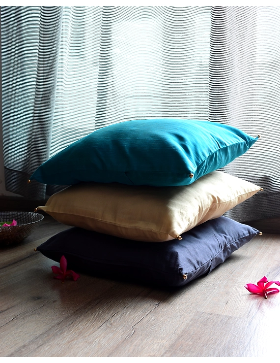 Blue Silk cushion cover with gold bead tassels : HCC40-HCC40D