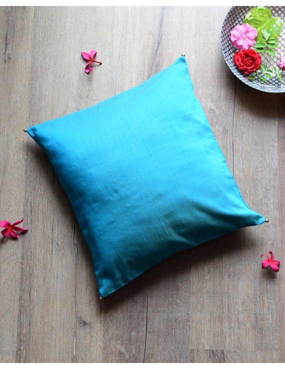Blue Silk cushion cover with gold bead tassels : HCC40-1